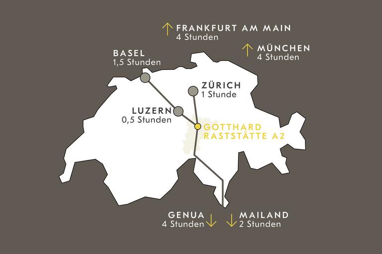 Kartengrafik mit den Autostunden zur Raststätte von Basel 1.5h Frankfurt 4h Genua 4h Luzern 0.5h Mailand 2h München 4h Zürich 1h Kartengrafik mit den Autostunden zur Raststätte von Basel 1.5h Frankfurt 4h Genua 4h Luzern 0.5h Mailand 2h München 4h Zürich 1h